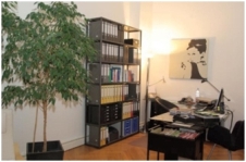 Arbeitsplatz mit Schreibtisch, Aktenregal und Pflanze